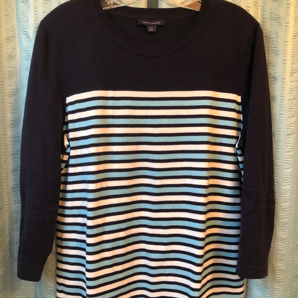 Tommy Hilfiger Blue & White Striped Sweater 3/4 Sleeve - Size Large